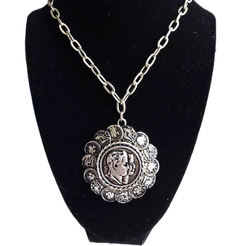 Judy Lee Napoleon Pendant Necklace - Silver Toned Coins Pendant